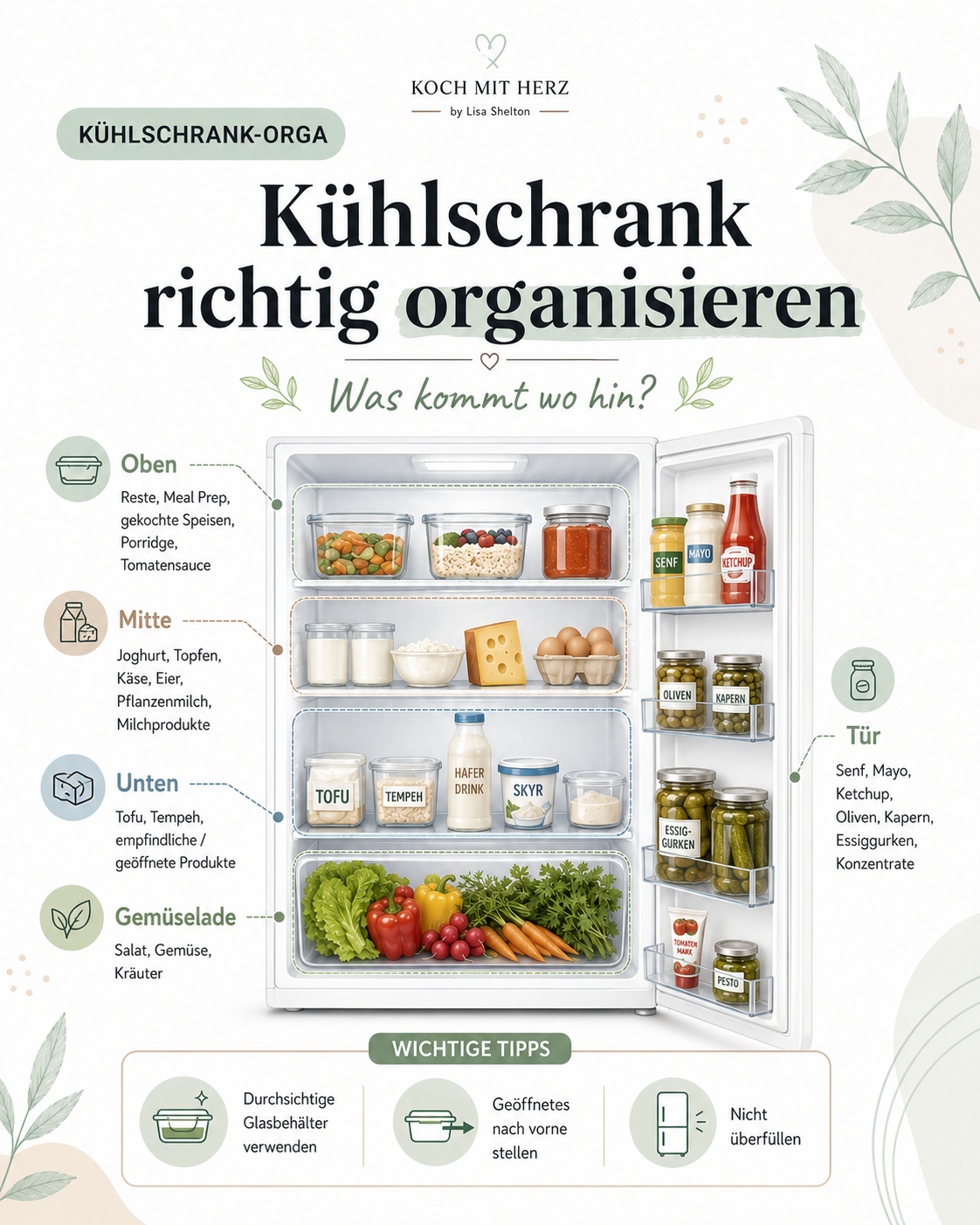 So organisierst du deinen Kühlschrank richtig: praktische Tipps zu Kühlschrank-Zonen, Glasbehältern, Meal Prep, Vorräten, Feuchtigkeit und Lebensmitteln, die besser nicht in den Kühlschrank gehören.