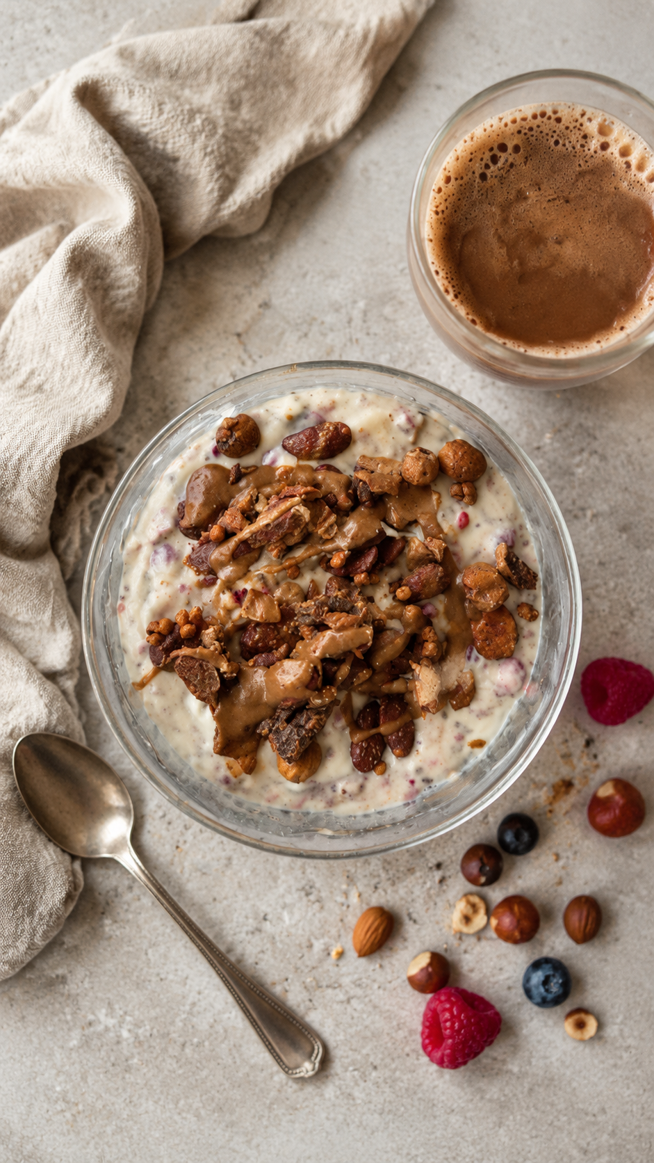 Cremiges Frühstück mit Schafjoghurt, Beeren, Knuspermüsli und Mandelmus